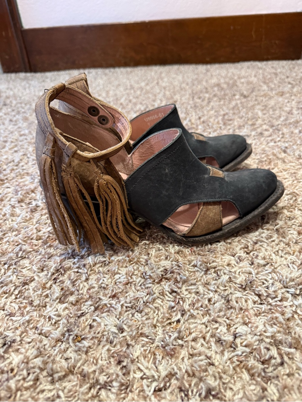 Freebird by Steven Black and Brown Fringe Peep-Toe Ankle Boots